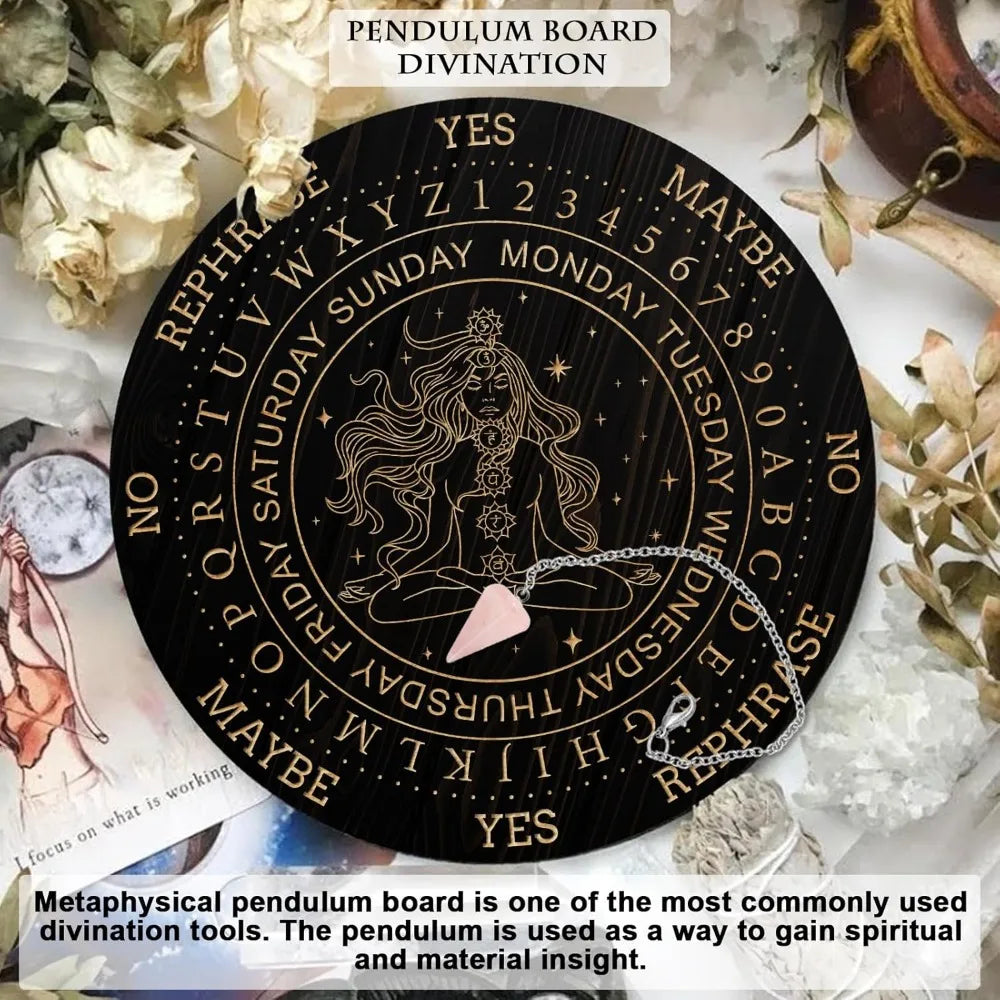 Pendulum Board Set Wooden Dowsing Divination Board with Rose Quartz Pendulum Set
