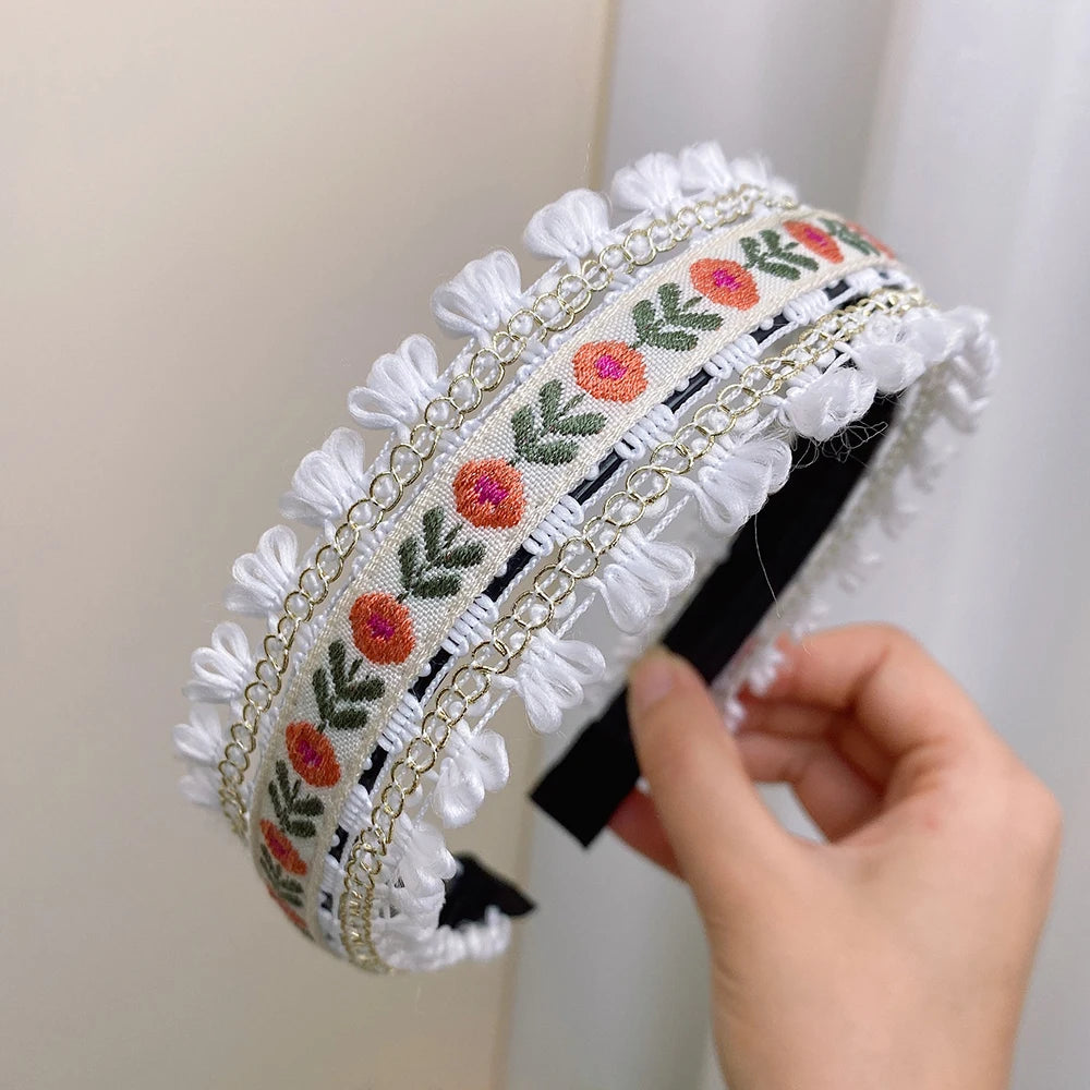 Boho Embroidery Headband Wide Head Hoop Retro Style Headdress Elegant Hair Accessories Women Girls