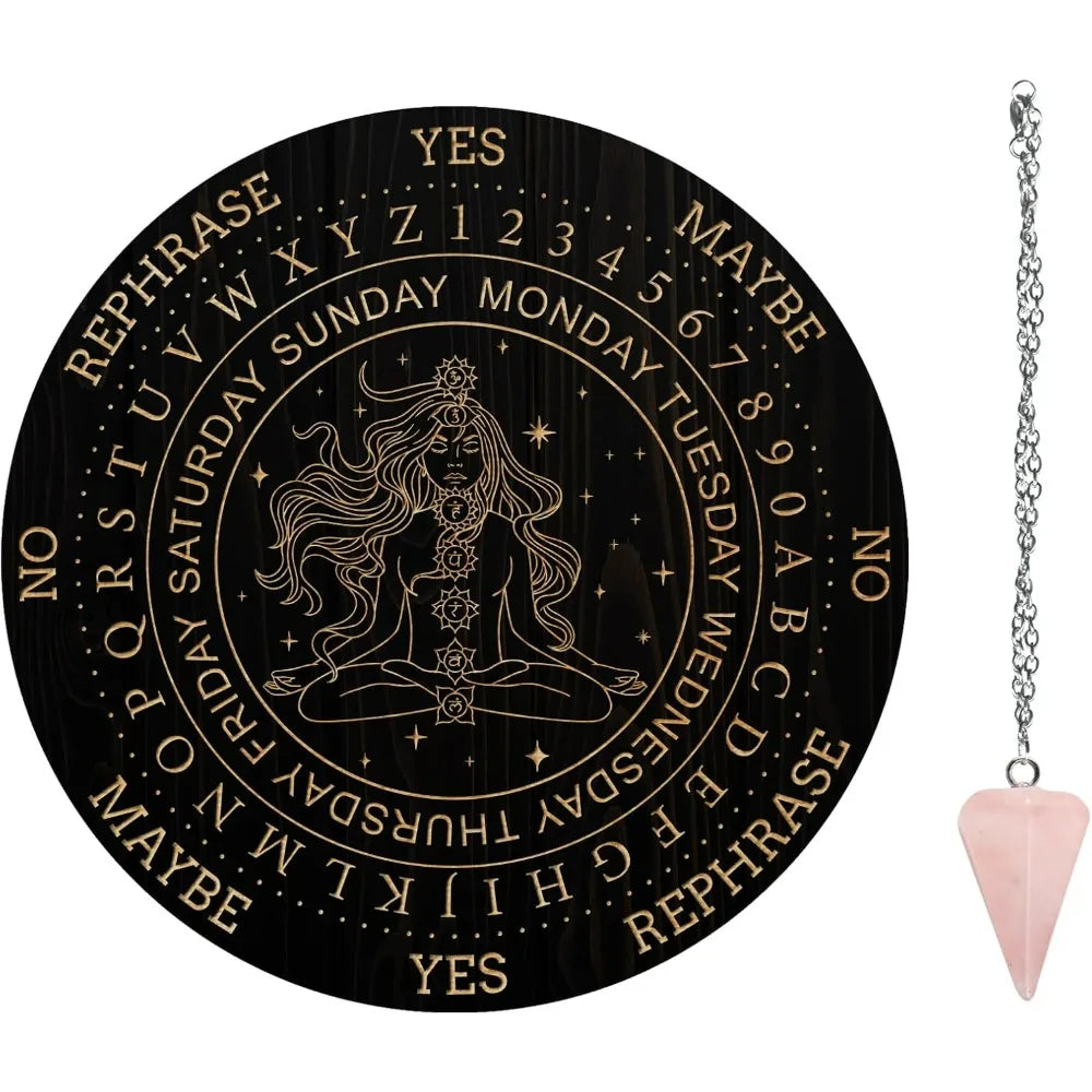 Pendulum Board Set Wooden Dowsing Divination Board with Rose Quartz Pendulum Set