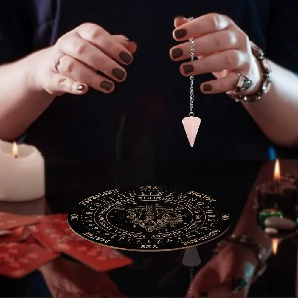 Pendulum Board Set Wooden Dowsing Divination Board with Rose Quartz Pendulum Set