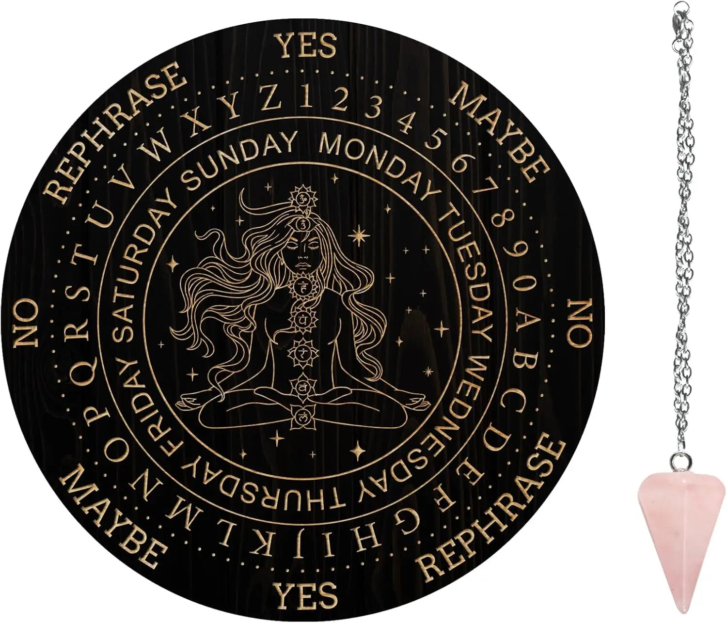Pendulum Board Set Wooden Dowsing Divination Board with Rose Quartz Pendulum Set