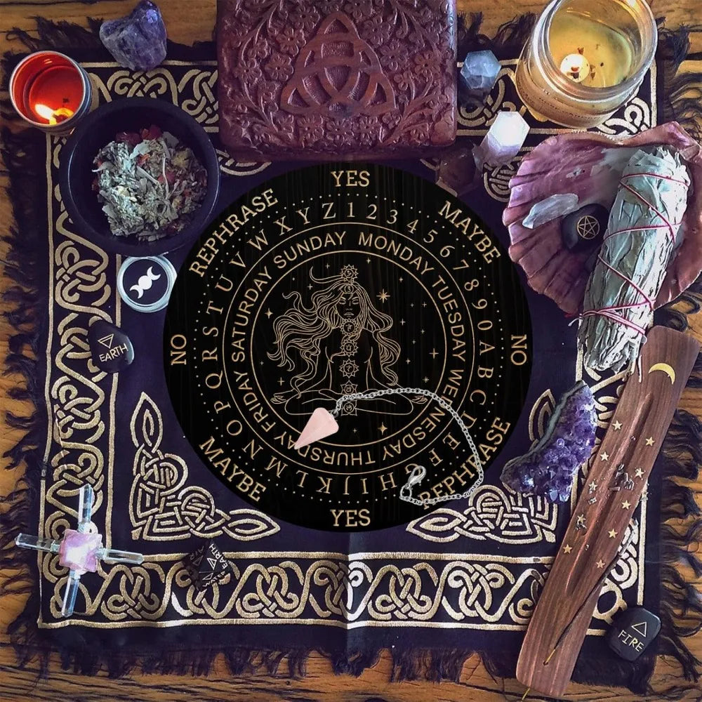 Pendulum Board Set Wooden Dowsing Divination Board with Rose Quartz Pendulum Set