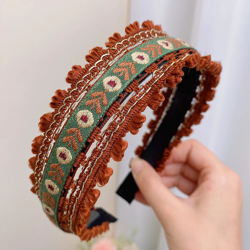 Boho Embroidery Headband Wide Head Hoop Retro Style Headdress Elegant Hair Accessories Women Girls