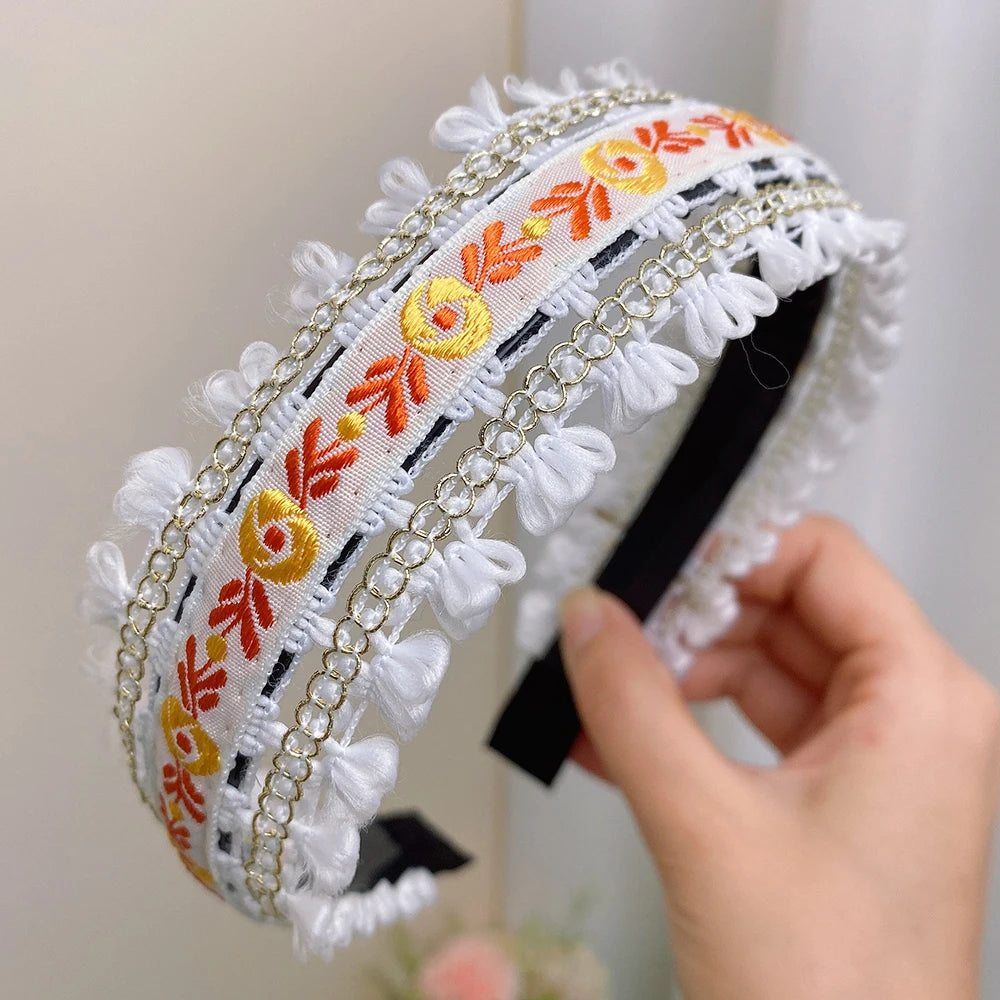 Boho Embroidery Headband Wide Head Hoop Retro Style Headdress Elegant Hair Accessories Women Girls