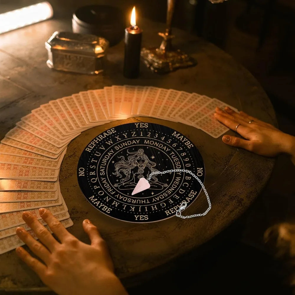Pendulum Board Set Wooden Dowsing Divination Board with Rose Quartz Pendulum Set