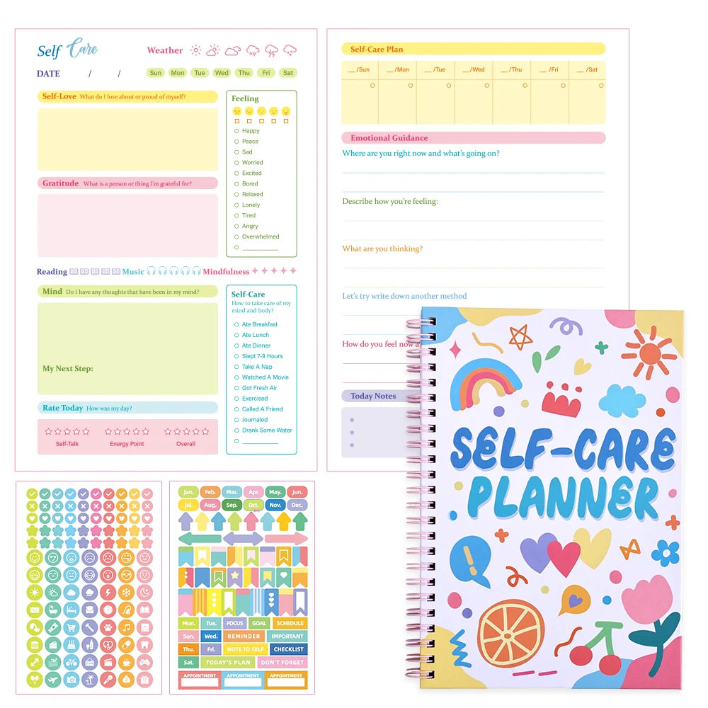 Undated Self-Care Journal 100 Pages with 2 Stickers Cute Colorful Interior for Students Teachers 5-Minute Daily Happiness Guide