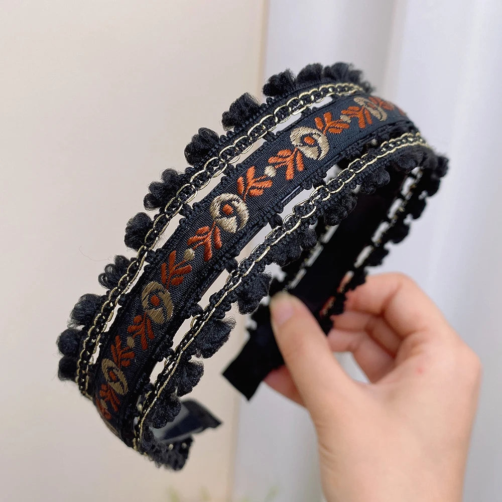 Boho Embroidery Headband Wide Head Hoop Retro Style Headdress Elegant Hair Accessories Women Girls