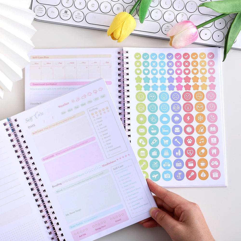 Undated Self-Care Journal 100 Pages with 2 Stickers Cute Colorful Interior for Students Teachers 5-Minute Daily Happiness Guide
