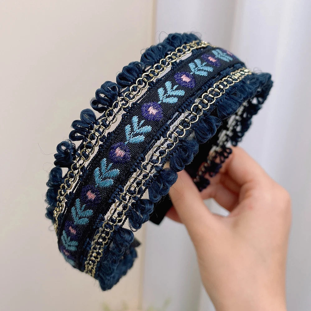 Boho Embroidery Headband Wide Head Hoop Retro Style Headdress Elegant Hair Accessories Women Girls