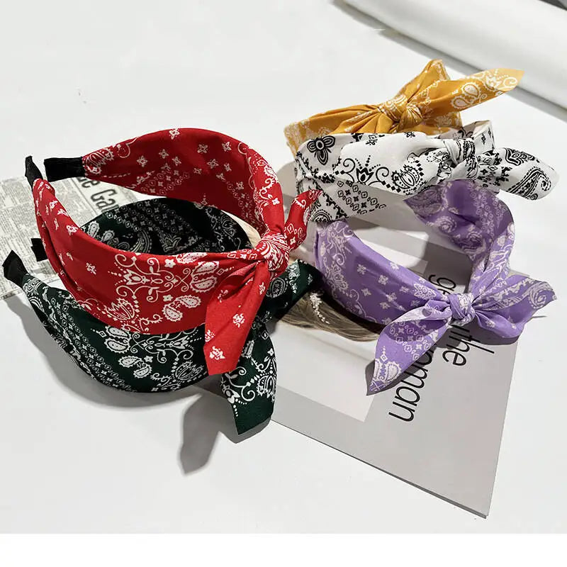 Boho Bow Print Headbands for Women Wide Brimmed Hairbands Vintage Elegant Hair Hoop Cross Knot Headwear Girls Hair Accessories