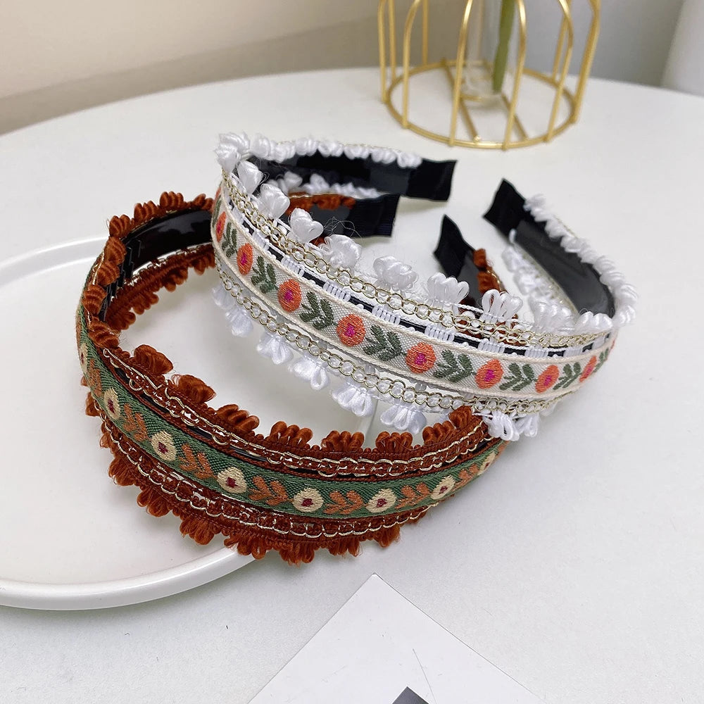 Boho Embroidery Headband Wide Head Hoop Retro Style Headdress Elegant Hair Accessories Women Girls