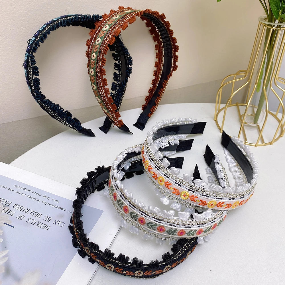 Boho Embroidery Headband Wide Head Hoop Retro Style Headdress Elegant Hair Accessories Women Girls