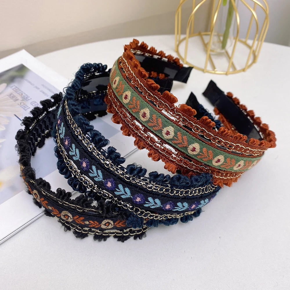 Boho Embroidery Headband Wide Head Hoop Retro Style Headdress Elegant Hair Accessories Women Girls